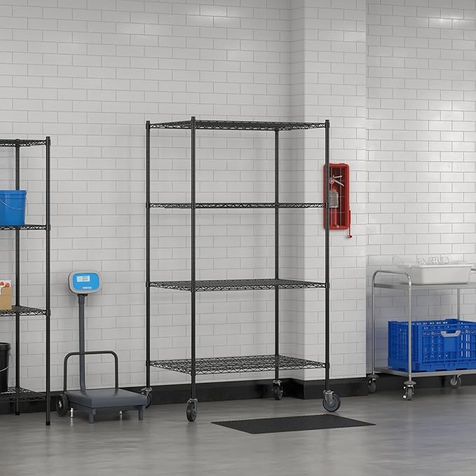 Commercial NSF Listed Black Epoxy Mobile Wire Shelving Kit 30" x 42" x 80", with 4 Shelves Perfect for Warehouse, Walk-in Refrigerator, Freezer, Grocery Store, Restaurant, Dishroom