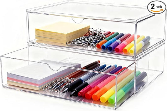 Youngever 2 Pack Stackable Office Drawer Organizers, Office Desk Organizers, Clear Stationery Organizers (12 x 7.5 x 3.5 inch)
