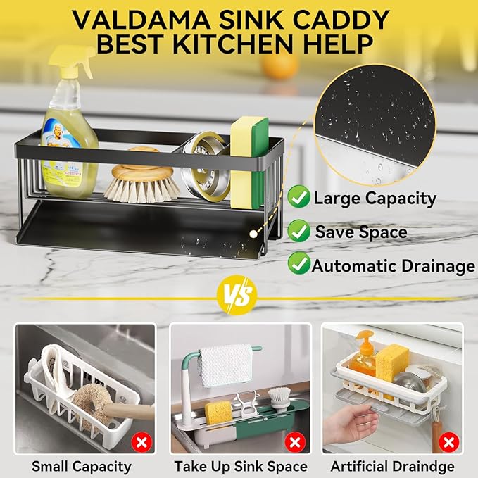 Kitchen Sink Caddy Organzier with Sponge Holder and Removable Drip Tray for Kitchen Sink, 304 Stainless Steel Organize for Sponge Soap Dish Brush Storage Accessories(Black