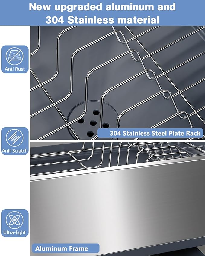 Dish Racks,Extendable Countertop Dish Drying Rack, Dish Drainer & Drainboard Set with Utensil Holder and Cup Holder, Gray
