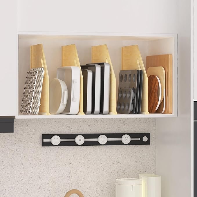 4 Pack Wood Tray Dividers for Cabinet, Cookie Sheet Organizer for Cabinets, No-Cut Kitchen Cabinet Dividers, Cookie Trays for Kitchen, Utility Rooms, Pantry Storage