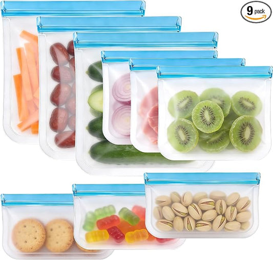 SZTCECDM 9 Pack Silicone Reusable Freezer Bags Set, 3 Sizes (Gallon/Snack/Sandwich) - Airtight, BPA-Free Reusable Plastic Bags for Food Storage & Lunch Container Organization Zip Lock Bags