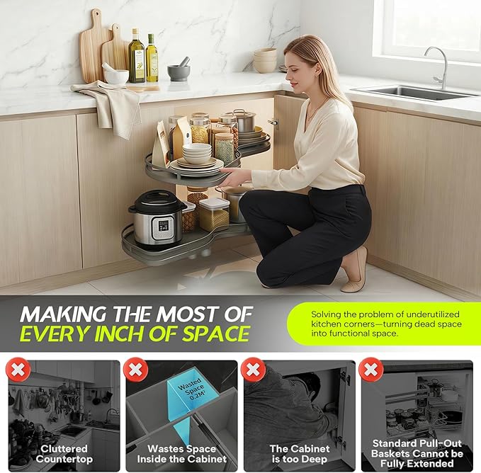 Blind Corner Cabinet Pull Out Organizer 12 14 16 18 Inch, 2 Tier Kitchen Cabinet Organizer, Heavy Duty Adjustable Lazy Susan Shelf with Soft Close, Left or Right Mount for Blind Corner Cabinets