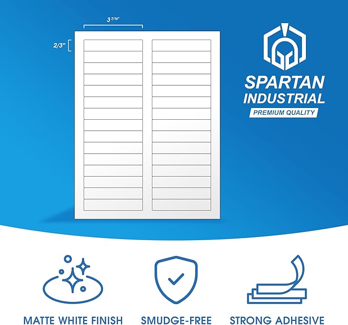 3 7/16" X 2/3" Matte White Printable Labels for Inkjet and Laser Printers - 30 Sheets, 900 Custom Stickers, File Folder Labels, Return Address Stickers, Price Tags - Spartan Industrial Template R012