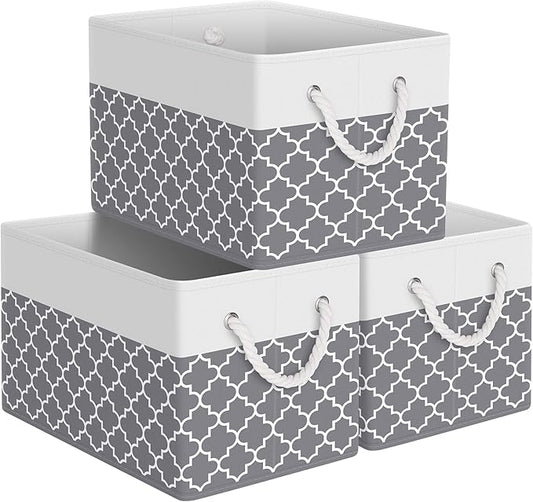 Storage Bin,Collapsible Storage Basket For Organizing,Large Storage Boxes With Rope Handles,Storage Containers,Clover Grey,3 Pack