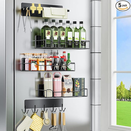5 Pack Multifunctional Magnetic Shelves for Refrigerator Spice Rack & Washing Machine Organize, Include Towel Rack, Kitchen Utensil Hanger and Hooks, Strong Magnet for Secure Hold (Line style, Black)