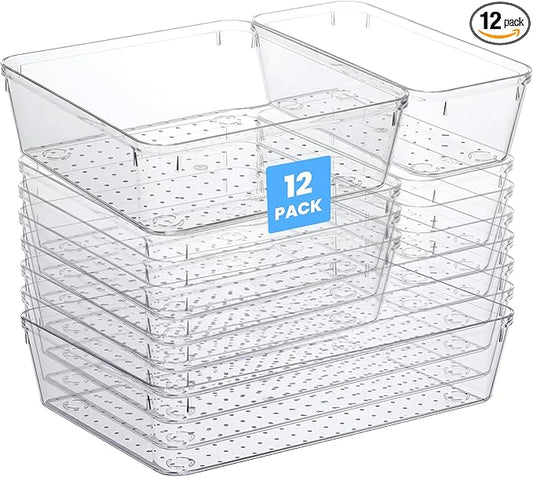 12 Pack Drawer Organizer - 3 Sizes, Clear Plastic Kitchen Drawer Organizers Set, Versatile Bathroom and Vanity Organizer Trays,Storage Bins for Makeup, Bathroom, Jewelries and Office