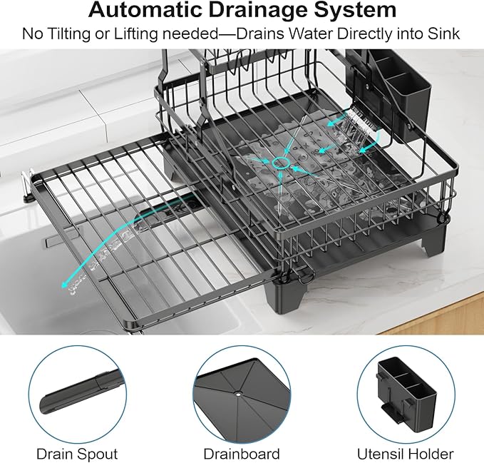 GSlife Large Dish Drying Rack 2 Tier, Expandable Kitchen Dish Drainer for Pots and Pans, 360° Swivel Spout, Rust-Resistant Metal Dish Rack with Utensil & Cup Holder, 16.9" W x 14.4"-22.4" L, Black
