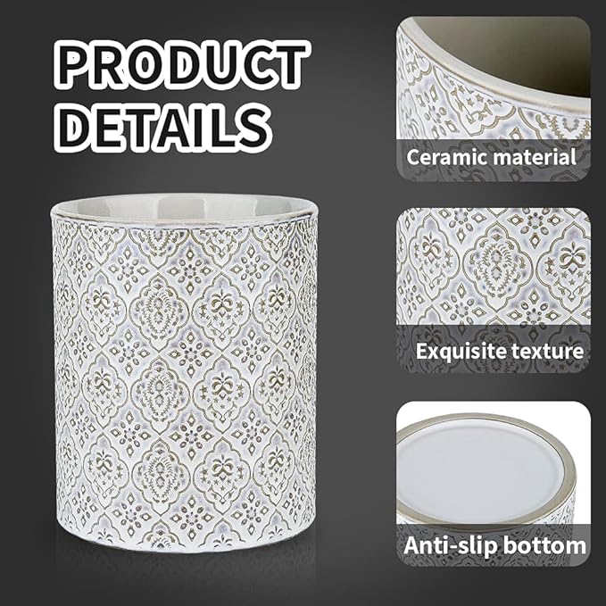 KOOV Kitchen Utensil Holder, Large Utensil Holders for Countertop, 6 x 7 Inches Ceramic Utensil Crock, Deep and Stable, Cooking Utensil Holder, Embossed Pattern, White