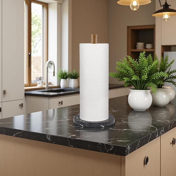 Buruis Wood Paper Towel Holder, Marble Base Modern Decorative Countertop Standing Rolls Holder for Kitchen, Toilet, Pantry and Bathroom (Marble Base Black)