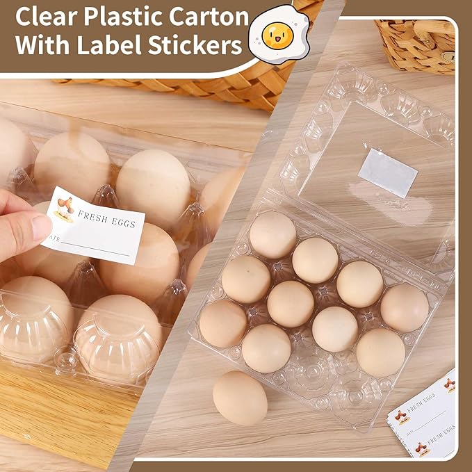 Egg Cartons 60 Pack,Clear Plastic Egg Cartons Cheap Bulk 12 Count For Fresh Chicken Eggs,4x3 Grids Reusable Egg Tray Holder For Refrigerator Storage, Family, Chicken Farm With Label Stickers