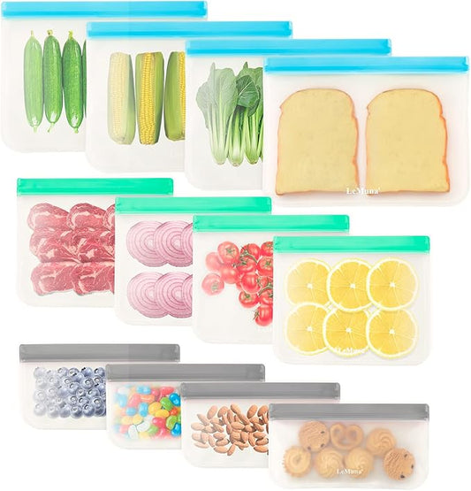LeMuna 12 Pack Multi-Size Reusable Food Storage Bags - BPA-Free Leakproof Freezer Bags (4Gallon/4Sandwich/4Snack) | 12 Pack, Reusable, BPA-Free, Leakproof, Freezer, food-grade PEVA
