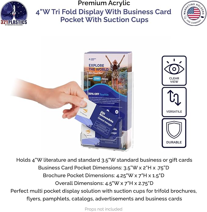 Marketing Holders Suction Cup Trifold Holder with Card Slot for 4" Menus and 3.5" x 2" Contact Info Cards Glass Walls or Window Mounting in Auto Shops Retail Shops or Big Box Stores