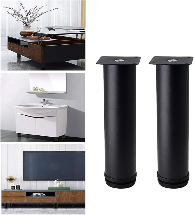 Set of 4 Stainless Steel Furniture Legs 8 Inch, Adjustable Round Cabinet Legs 2" Dia Kitchen Feet, Metal Replacement Legs for Cabinet Sofa Couch Shelves Table (Black)