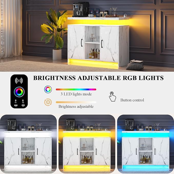 4 EVER WINNER Buffet Cabinet with Storage, Modern Coffee Bar with LED Lights and Charge Station, Sideboard Buffet Cabinets with Adjustable Shelves for Kitchen,Dining Room