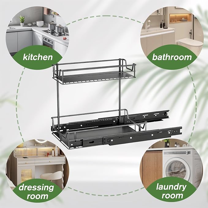 Under Sink Organizer, 2 Tier Pull Out Cabinet Organizer and Storage for Kitchen Fully Extendable Slide out, Heavy Duty Under Sink Storage for Bathroom Laundry Kitchen Pantry Closet (Black Large Size)