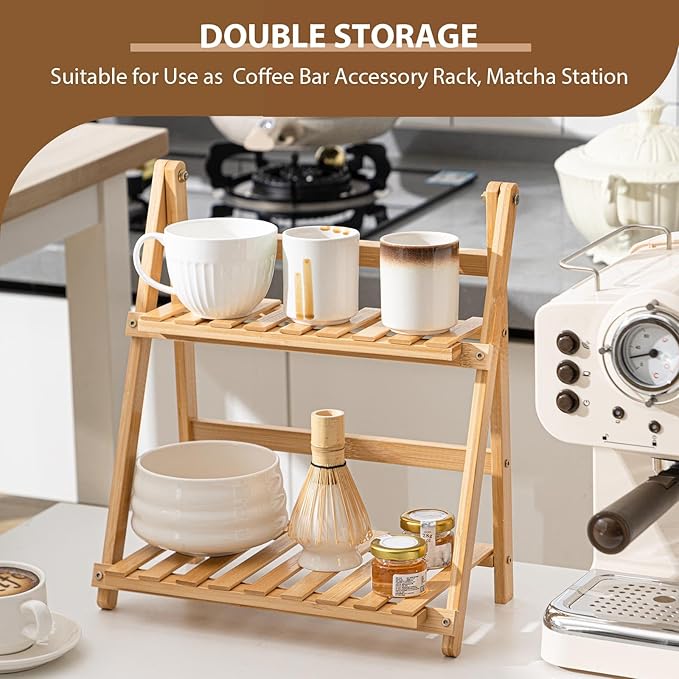 Matcha Station Shelf, 11.8'' Coffee Station Organizer, 2 Tiers Bamboo Mug Holder Countertop, Desktop Flower Pot Rack for Home Living Room Window Sill Foldable Display Storage Shelf(Wood)
