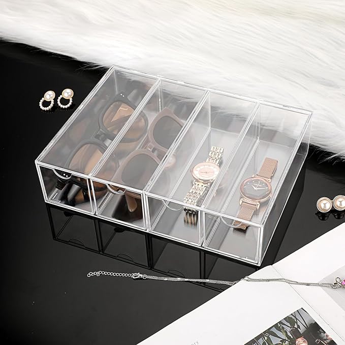 Hipiwe Acrylic Drawer Organizer Glasses Case Multiple Pairs Clear Desktop Drawers Box with 4 Pull Out Drawers Sunglasses Display Case Eyeglass Storage Organizer for Glasses Jewelry