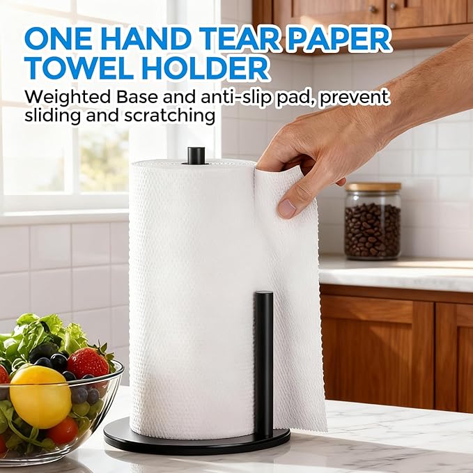 zaa Paper Towel Holder Countertop - Free Standing Paper Towel Holder for Kitchen Organization, Easy to Carry Paper Roll Dispenser, No Drill Installation, for Kitchen, Bathroom, Office, RV, Black