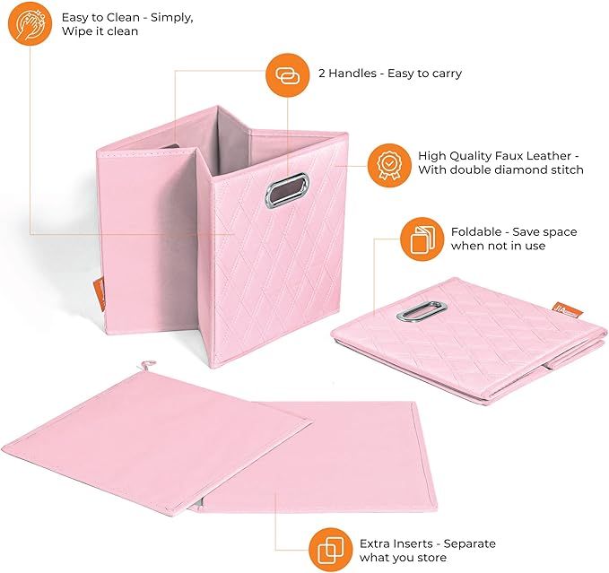 FH Group JIAessentials 12" Faux Leather Foldable Storage Cube Bins Set of 2 – Pink Diamond Patterned Organizers with Handles for Closet & Shelves