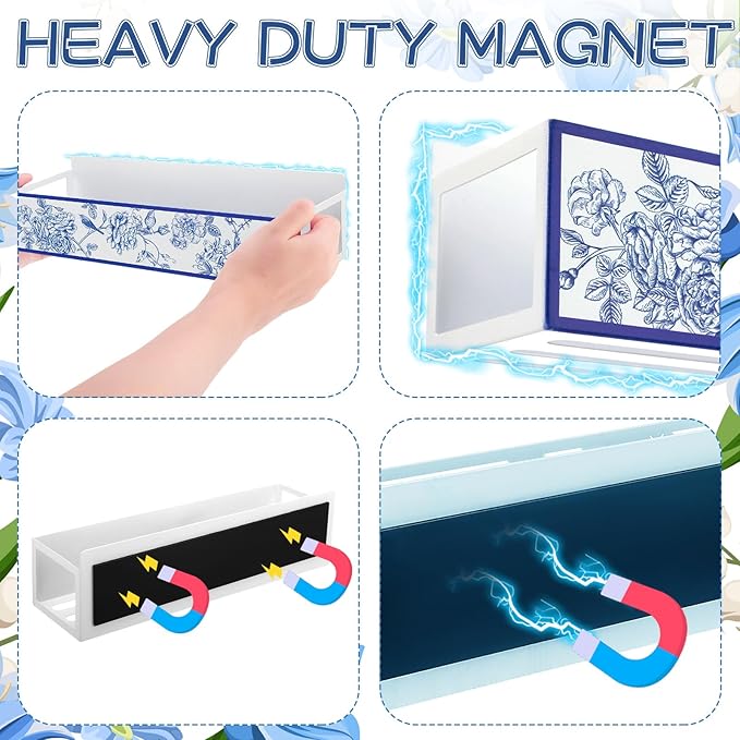 2 Pack Floral and Bird Magnetic Spice Rack for Refrigerator Metal Magnet Basket Shelf for Fridge Seasoning Storage Organizers Home Decor Kitchen Accessories (Blue and White)