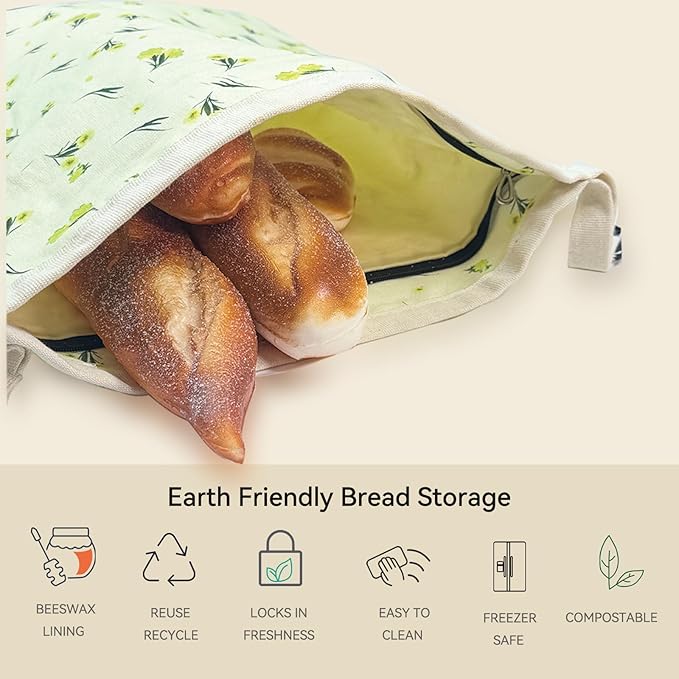UFSCNRSA Reusable Beeswax Bread Bags, 2 Pack 16.6x12.6in Large-Organic Cotton for Sourdough Bread Homemade, Freezer Storage to Keep Fresh