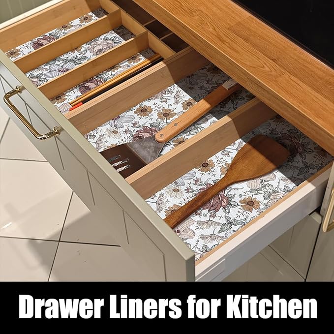 Floral Drawer Shelf Liners, 24IN x 10FT Non Adhesive and Strong Non-Slip Cabinet Drawer Shelf Liners for Kitchen Wire Fridge, Waterproof Shelf Liner,Easy to Clean