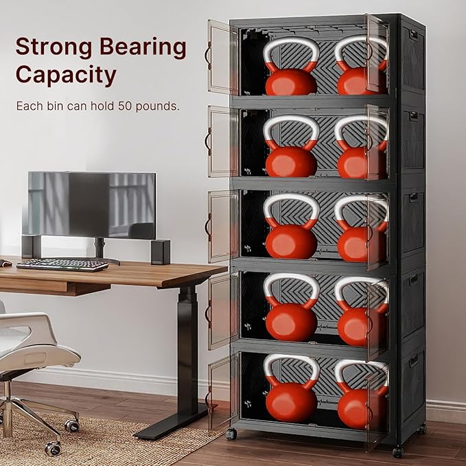 VNVTO 600Qt Stackable Storage Bins with Lids, 5 Pack Large Collapsible Bins with Wheels, Plastic Cabinet with Doors, Foldable Closet Organizers and Storage for Home, Dorm, Office, Black