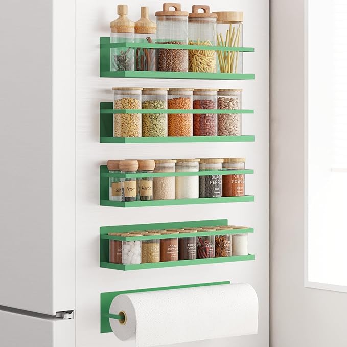 Roysili Magnetic Spice Rack For Refrigerator Magnetic Fridge Shelf For Kitchen Spice Organizer Magnetic Shelf For Fridge Space Saving Green 4 Pack With Magnetic Paper Towel Holder