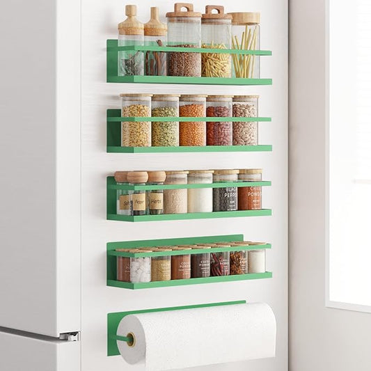 Roysili Magnetic Spice Rack For Refrigerator Magnetic Fridge Shelf For Kitchen Spice Organizer Magnetic Shelf For Fridge Space Saving Green 4 Pack With Magnetic Paper Towel Holder