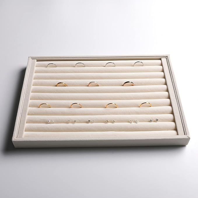 Frebeauty Stackable Velvet Jewelry Organizer Trays for Drawers Inserts Jewelry Storage Tray Display Case Earrings Bracelets Necklace Rings Accessories Trays for Women Girls(Set of 4)（Beige