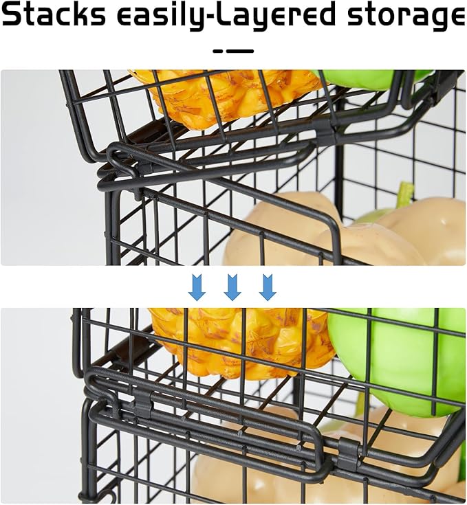 X-cosrack 3-Tier Stackable Fruit Basket for Kitchen Counter, Fruit and Vegetable Storage Basket- Potato and Onion Storage Bin, Wire Baskets for Pantry Organization- Metal Baskets for Produce Snack Can