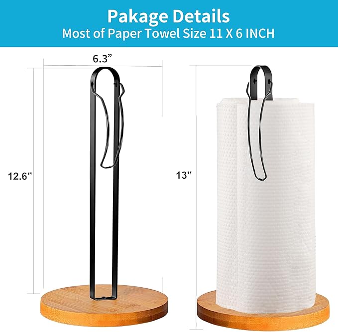 Wood Paper Towel Holder Countertop, TONLEA Kitchen Paper Towel Holder FreeStanding with Fixer for Kitchen and Bathroom Organization, Kitchen Roll Holder for Standard and Large Rolls