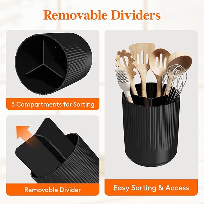 Lifewit 7.5" Plastic Utensil Holder for Kitchen Counter, Cooking Silverware Caddy with Non-Slip Rotating Base, 3 Compartment Spoon Spatula Cutlery Flatware Organizer with Dry Draining, Black, 1 Pack