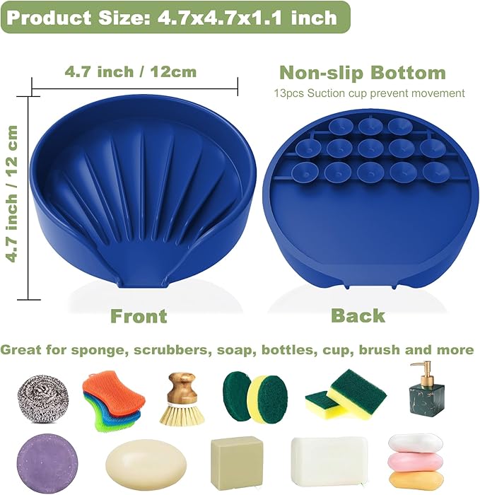 Self Draining Soap Dish, Silicone Soap Holder with Suction Cup and Drain Spout, Kitchen Bathroom Sink Organizer, Dish Soap Bar Tray Savers Sponge Holder, Perfect for Dispenser, Scrubber, Bottle, Cup