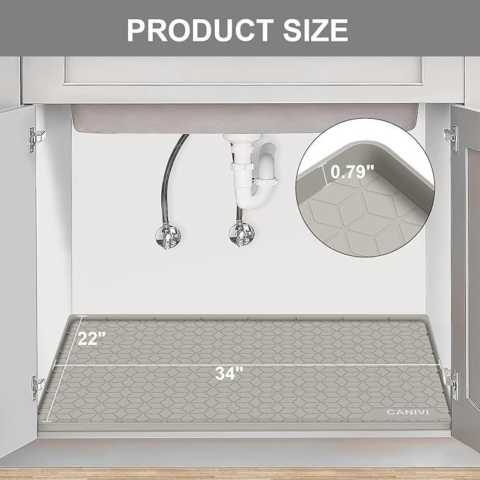 CANIVI Under Sink Mat, 34" x 22" Waterproof Silicone Under Sink Tray for Kitchen & Laundry Cabinets, Kitchen Cabinet Shelf Protector, Up to 3.3 Gallons Liquid, Fits 36 inch Standard Cabinet(Grey)