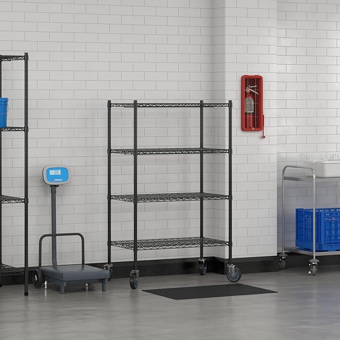 Commercial NSF Listed Black Epoxy Mobile Wire Shelving Kit 21" x 36" x 60", with 4 Shelves Perfect for Warehouse, Walk-in Refrigerator, Freezer, Grocery Store, Restaurant, Dishroom