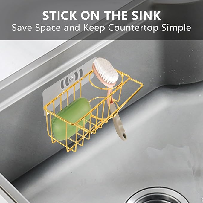 3-in-1 Adhesive Sink Caddy Kitchen Sink Organizer,Stainless Steel Sponge and Brush Holder for Kitchen Sink,Suitable for Sponges,Dish Cloth,Scrubbers, Soap, Kitchen, Bathroom.Gold