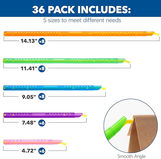 36Pcs Plastic Bag Sealer Sticks, AUHOKY Reusable Bag Sealing Clips with 5 Different Sizes, Keep Bags Airtight Watertight & Food Fresh, Easy Storage Accessories for Kitchen (Random Colors)