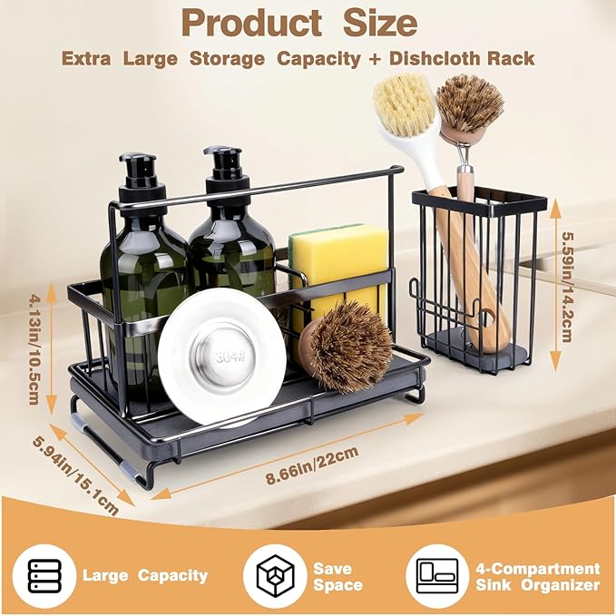 Kitchen Sink Caddy with Instant Drying Stone: Sink Sponge Holder, Stainless Steel Countertop Organizer Basket for Sponge, Scrubbers, Soap, Towel, Bathroom, Desk& Wall Mounted Mode, 2 Diatomaceous Pad