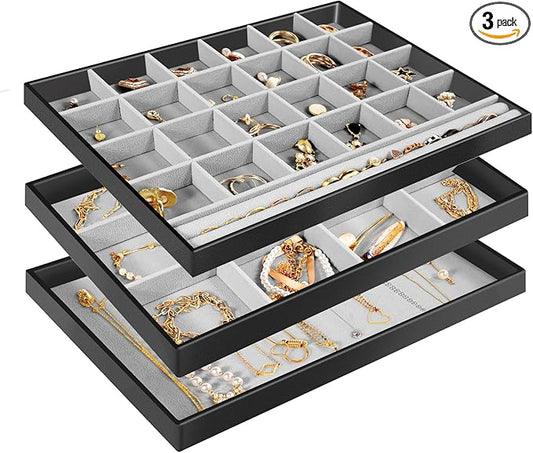 ProCase Stackable Large Jewelry Drawer Organizer, 3 Pack Velvet Jewelry Organizer Tray with Removable Dividers for Earring Necklace Bracelet -Black