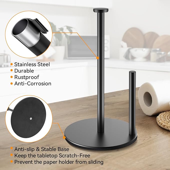 Paper Towel Holder Countertop, Kitchen Roll Holder, Stainless Steel Paper Towel Holder for Kitchen Organize, Standing Sliver Paper Roll Dispenser with Weighted Base