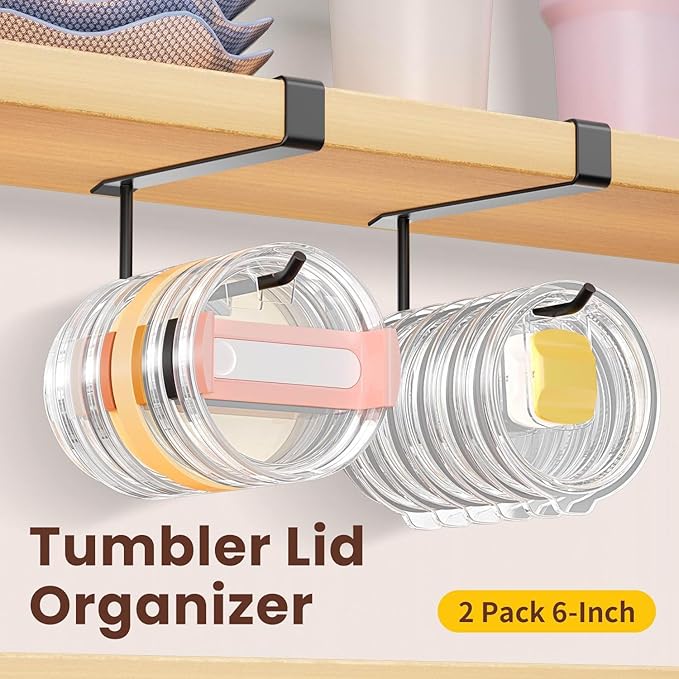 2 Pack Tumbler Lid Organizer, Under Cabinet Cup Lid Holder for Yeti Insulated Mug/Stanley Insulated Mug/Simple Modern Insulated Mug Lid, No Gluing, No Drilling, Up to 10 Lids (Black)
