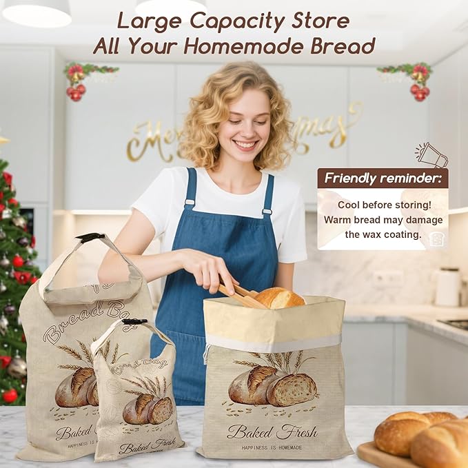 fufeisi Beeswax Bread Bags for Sourdough, 3 Pack Reusable Bread Bag for Storage - XL 17x13 Inch and 10x8 Inch, Large Linen Bags for Homemade Sourdough - Keep Fresh, Freezer Safe