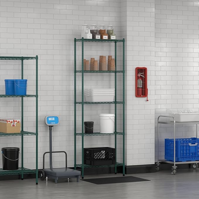 Commercial NSF Listed Green Epoxy Stationary Wire Shelving Kit 12" x 30" x 86", with 5 Shelves Perfect for Warehouse, Walk-in Refrigerator, Freezer, Grocery Store, Restaurant, Dishroom