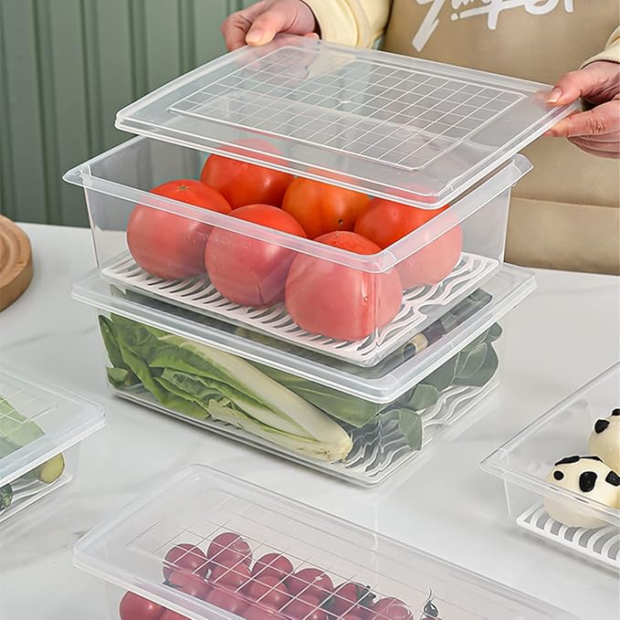Yiautao Food Storage Container, Plastic Food Containers with Removable Drain Plate and Lid, Stackable Portable Freezer Storage Containers - Tray to Keep Fruits, Vegetables, Meat (X-Large(4PCS))