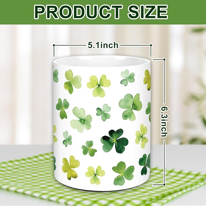 JarThenaAMCS St. Patrick's Day Ceramic Kicthen Utensil Holder Watercolor Green Shamrock Clover Utensil Crock for Irish Holiday Home Countertop Storage Organizer Container