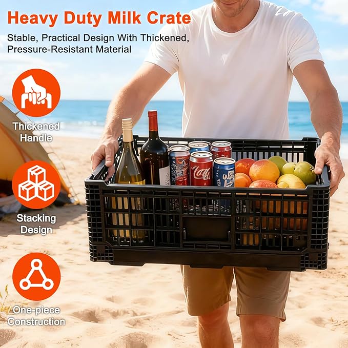Shineyaplus Collapsible Milk Crate, 1 pck 52L(13GAL) Stackable Storage Bins, Heavy Duty Storage Crates, Plastic Crates for Grocery, Warehouse Organization - Extra Large, Holds 130 lbs Per Bin