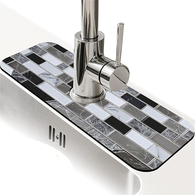 Kitchen Sink Splash Guard，White-black gray tiles Faucet Mat Sink Gadgets-Super Absorbent Fast Drying Mat Drip Catcher for Kitchen, Bathroom,Sink Mat, Dish Drying Mat, Bathroom(15" X 5.5" )