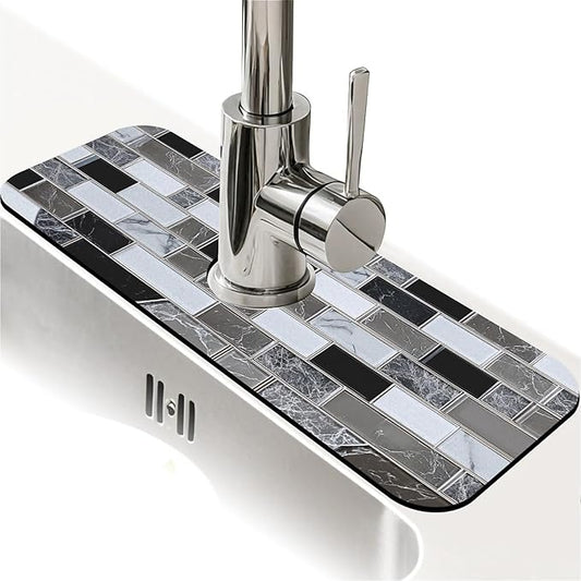 Kitchen Sink Splash Guard，White-black gray tiles Faucet Mat Sink Gadgets-Super Absorbent Fast Drying Mat Drip Catcher for Kitchen, Bathroom,Sink Mat, Dish Drying Mat, Bathroom(15" X 5.5" )